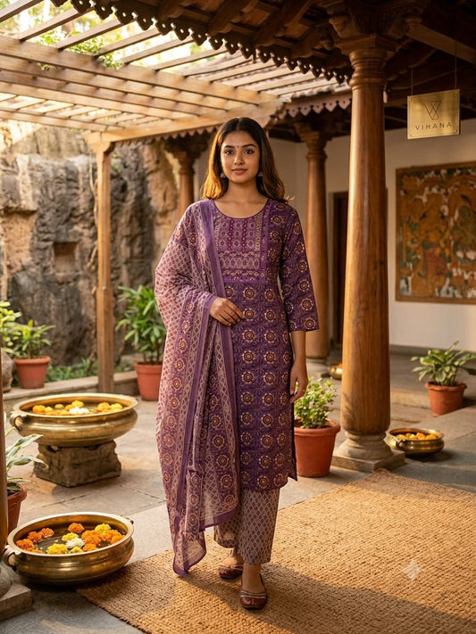 Salwar Suit Set Cotton Purple Color