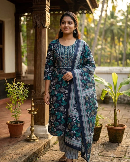 Salwar Suit Set Cotton Navy Blue Color