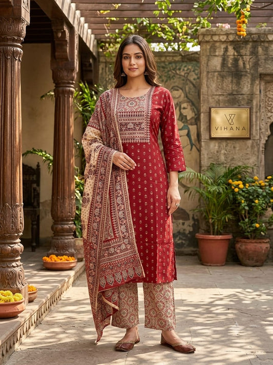 Salwar Suit Set Cotton Ajark Print Red color
