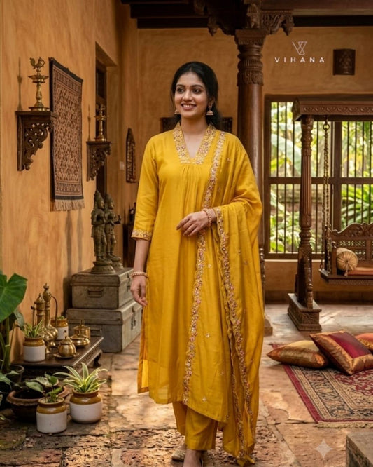 Kurti Suit 3 Pcs Set Mul Chanderi Mustard Yellow Color-AKSHVHI-135