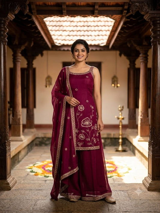 Wine Color Sharara Palazo Suit Set-AKSHVHI-122