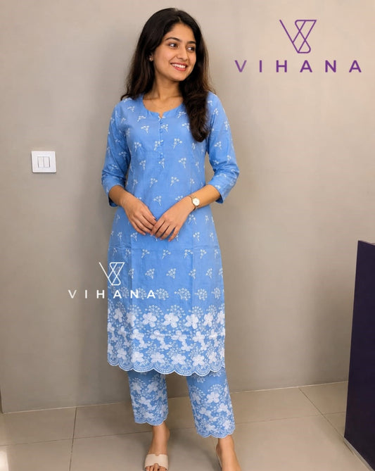 Co-ord Set Light Sky Blue Chikankari Print-AKSHVHI-152