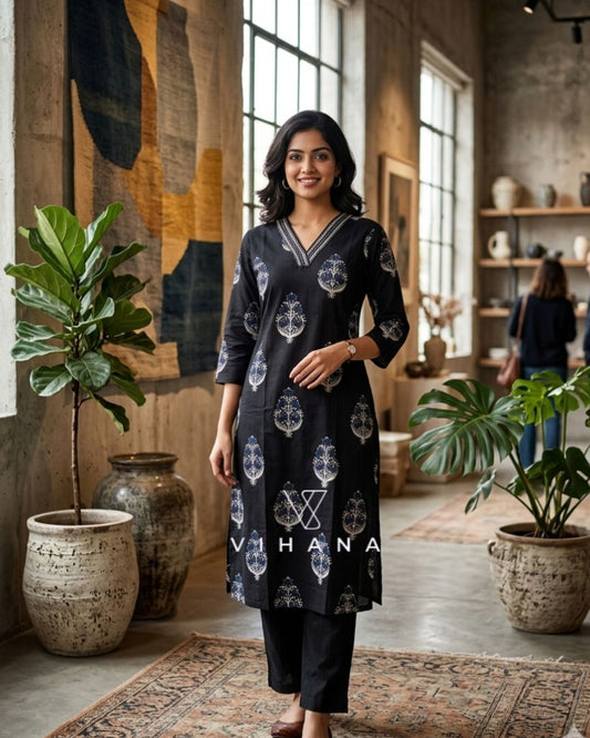Co ord Set Printed Cotton Black Color-AKSHVHI-21