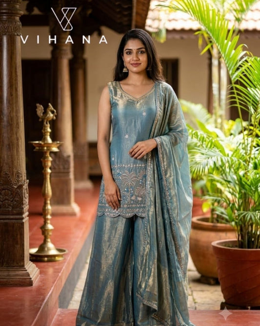 Aqua Blue Color Sharara Palazzo Suit Set-AKSHVHI-124