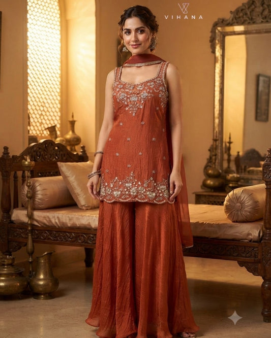 Sharara Style Palazzo Rust Orange Color-AKSHVHI-138