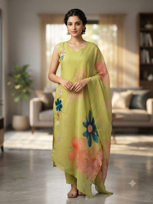 Mul Chanderi Kurti Suit Set Green Color-AKSHVHI-153