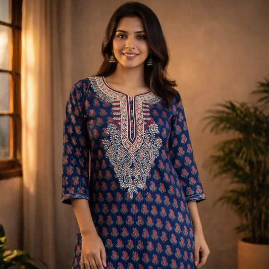 Beautiful Navy Blue Cotton Kurti with Subtle Print And Elegant Embroidery