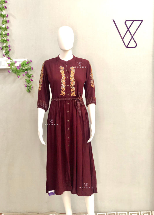 Deep Maroon Embroidered Rayon Frock