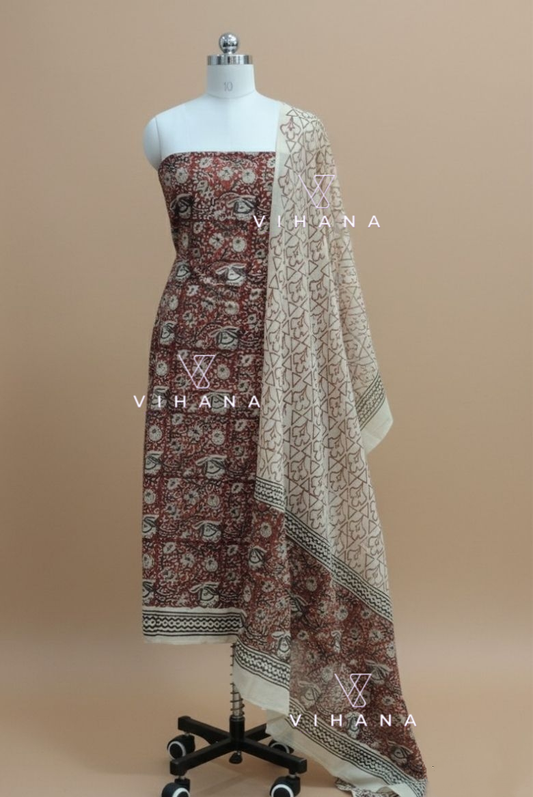 Elegant Red Bagru Hand Block Printed Cotton Salwar Suit Material