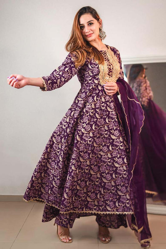 Floral Cotton Round Neck Women's Kurta Palazzo Dupatta Set