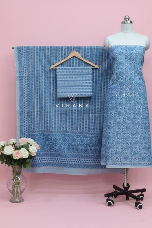 Soft Rich Blue Persian Floral Print Salwar Suit Material