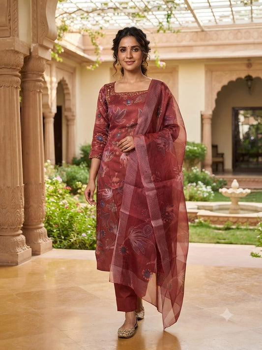 Salwar Suit Set Silk Party Wear Rust Color-AKSHVHI-157