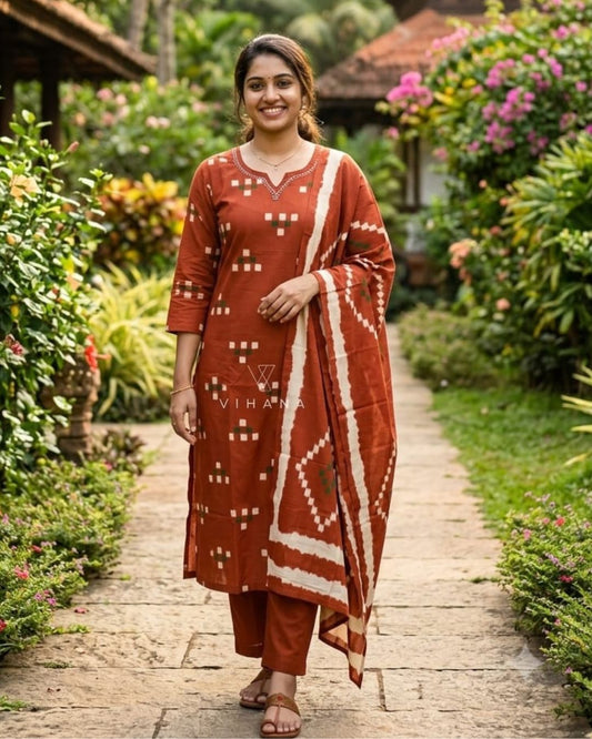 Salwar Suit Cotton Print Hand Work Rust Orange