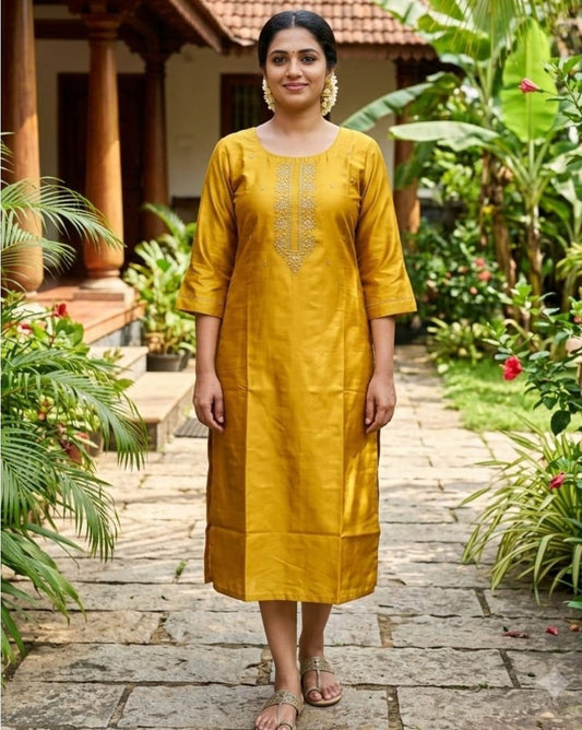 Silk Kurti Top Yellow Color Party Wear AKSHVHI-195