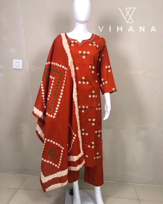 Salwar Suit Cotton Print Hand Work Rust Orange