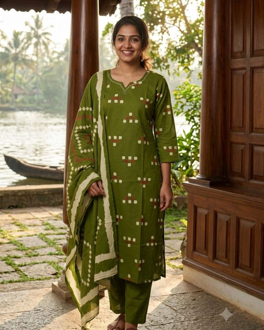 Salwar Suit Set Cotton Print Hand Work Green Color