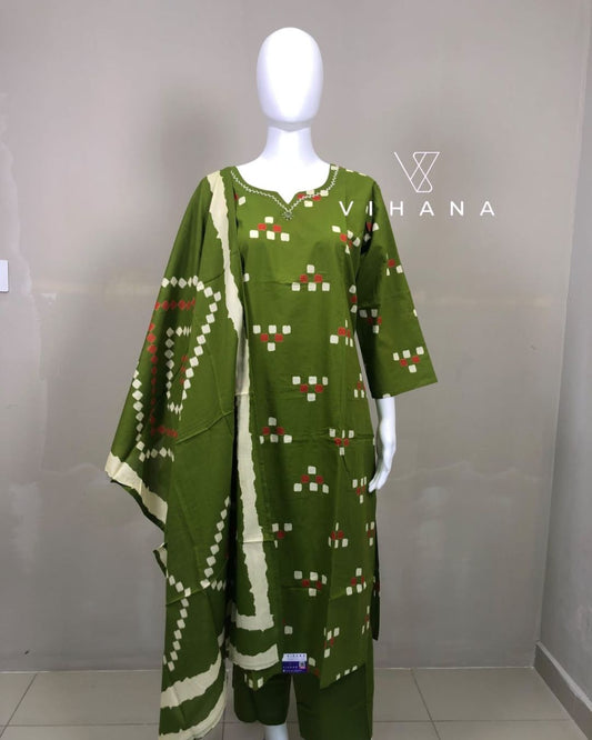 Salwar Suit Set Cotton Print Hand Work Green Color