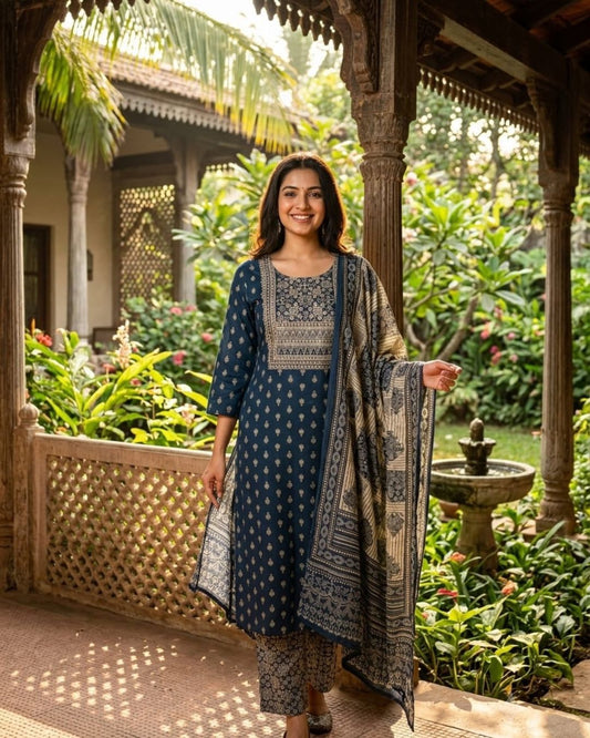 Salwar Suit Set Cotton Ajark Print Navy Blue
