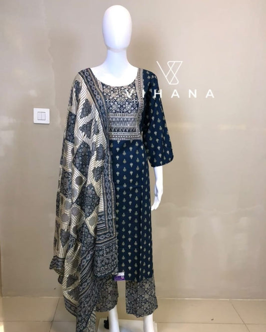 Salwar Suit Set Cotton Ajark Print Navy Blue