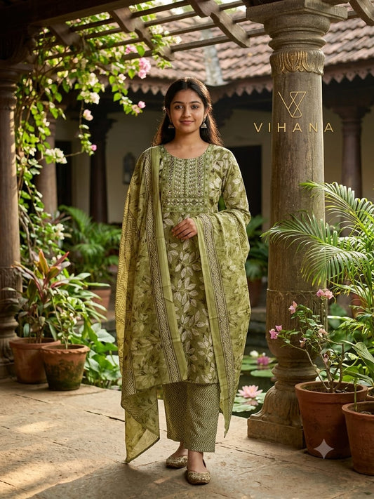Salwar Suit Set  Cotton Olive Green Color