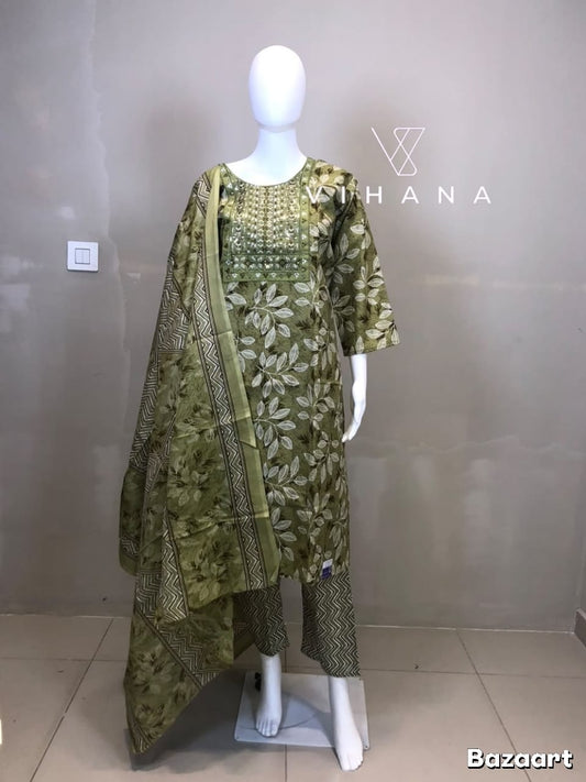 Salwar Suit Set  Cotton Olive Green Color