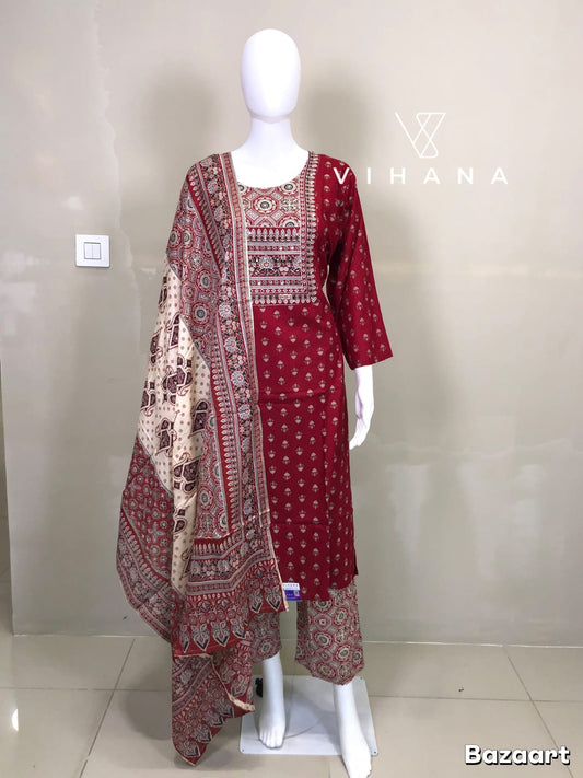 Salwar Suit Set Cotton Ajark Print Red color