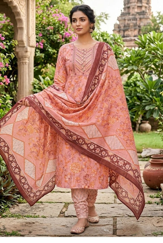 Peach color Straight Cut Salwar Suit Set