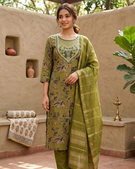 Salwar Suit  Set Diya Vertican Printed Olive Green