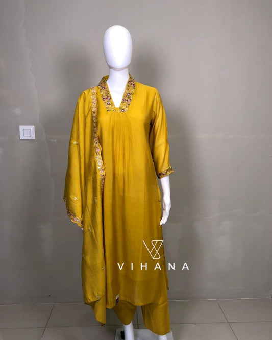 Kurti Suit 3 Pcs Set Mul Chanderi Mustard Yellow Color-AKSHVHI-135