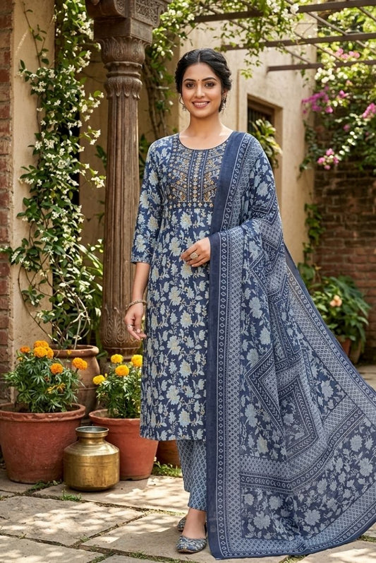 Blue Floral Printed Salwar Set with Dupatta