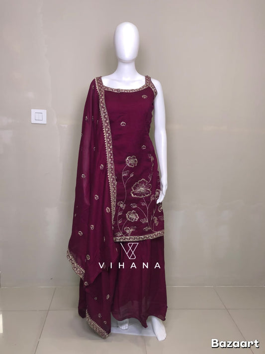 Wine Color Sharara Palazo Suit Set-AKSHVHI-122