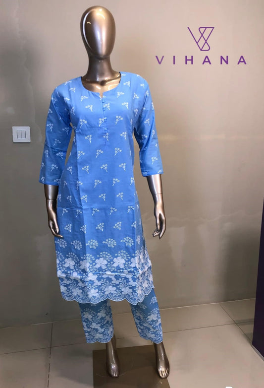 Co-ord Set Light Sky Blue Chikankari Print-AKSHVHI-152