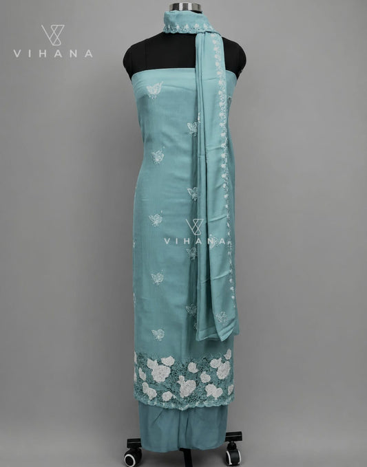 Crochet Cut Work Salwar Suit Material Sea Green Color-AKSHVHI-158