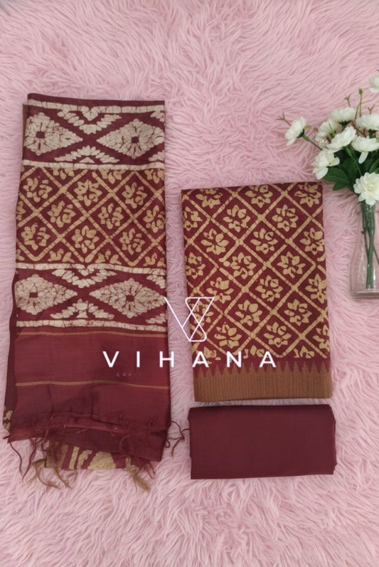 Premium Maheswari Silk Batik Print Salwar Suit – Rich Maroon with Gicha Border