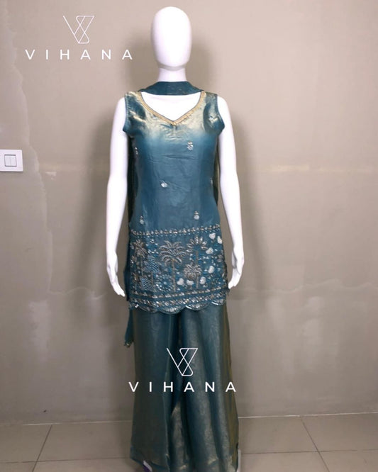 Aqua Blue Color Sharara Palazzo Suit Set-AKSHVHI-124