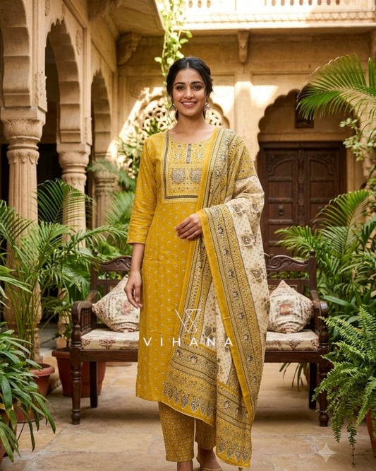 Yellow Salwar Suit Set Cotton Ajark Print-AKSHVHI-129