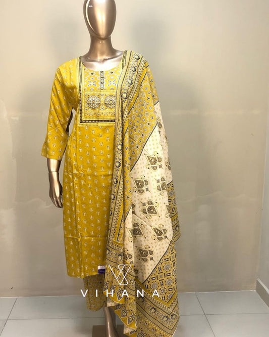 Yellow Salwar Suit Set Cotton Ajark Print-AKSHVHI-129