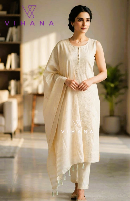 Chanderi Silk Salwar Suit Set Off White Color AKSHVHI-162