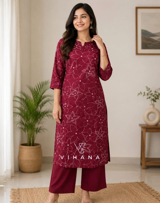 Red Maroon Co-ord Set Cotton  Discharge Print-AKSHVHI-130