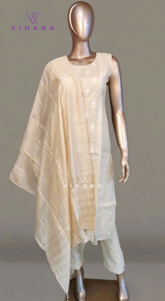 Chanderi Silk Salwar Suit Set Off White Color AKSHVHI-162
