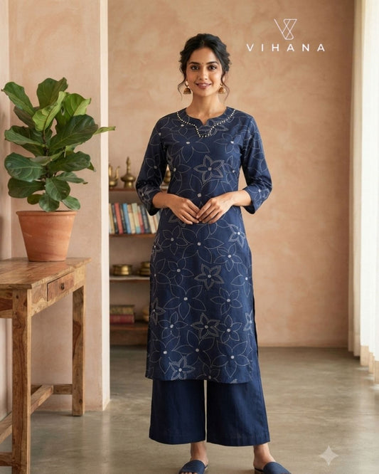 Co-ord Set Navy Blue Discharge Print-AKSHVHI-136