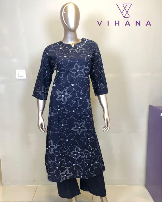 Co-ord Set Navy Blue Discharge Print-AKSHVHI-136