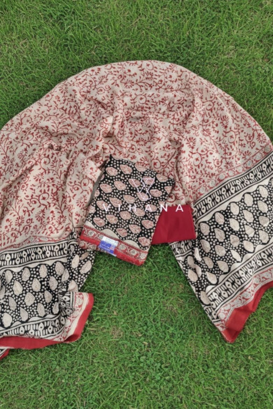 Modal Muslin Silk Bagru Print Salwar Suit Material – Black Floral Elegance