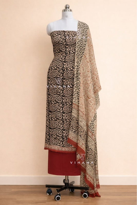 Modal Muslin Silk Bagru Print Salwar Suit Material - Black Paisley Elegance