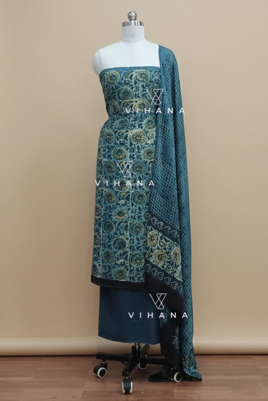 Luxurious Vanaspati Modal Muslin Silk Blue Ajrak Print Unstitched Suit Material