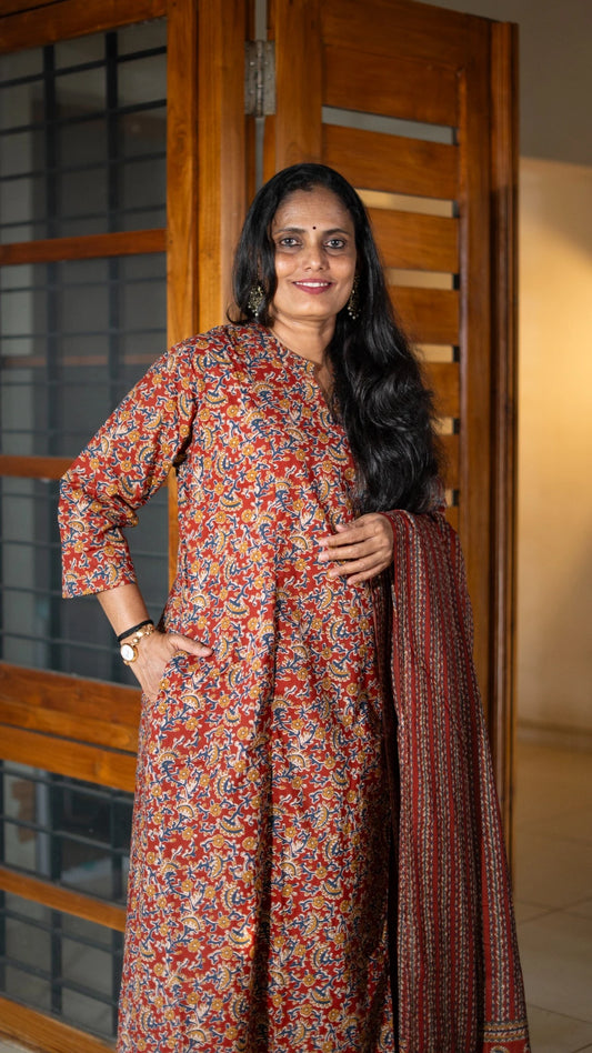 Rust Orange Kalamkari Churidar Set