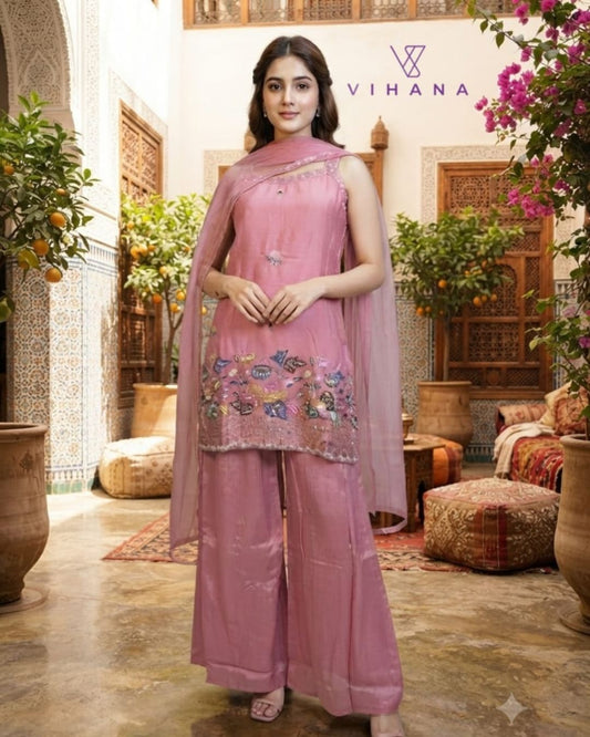 Sharara Style Palazzo Set Pink Color-AKSHVHI-149