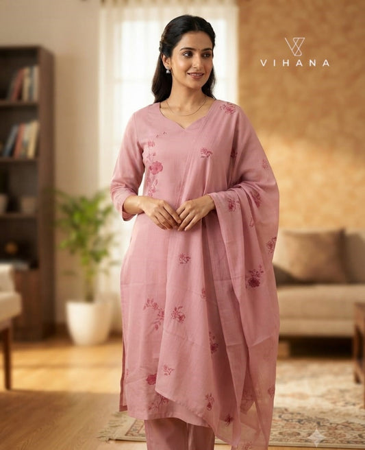 Mul Chanderi Kurti Suit Set Pink Color-AKSHVHI-156