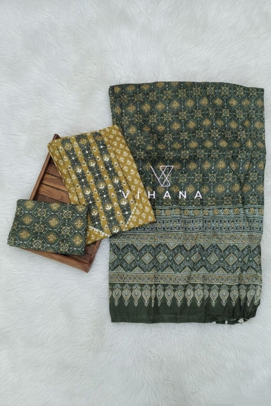 Mustard Yellow Screen Print Cotton Suit Material