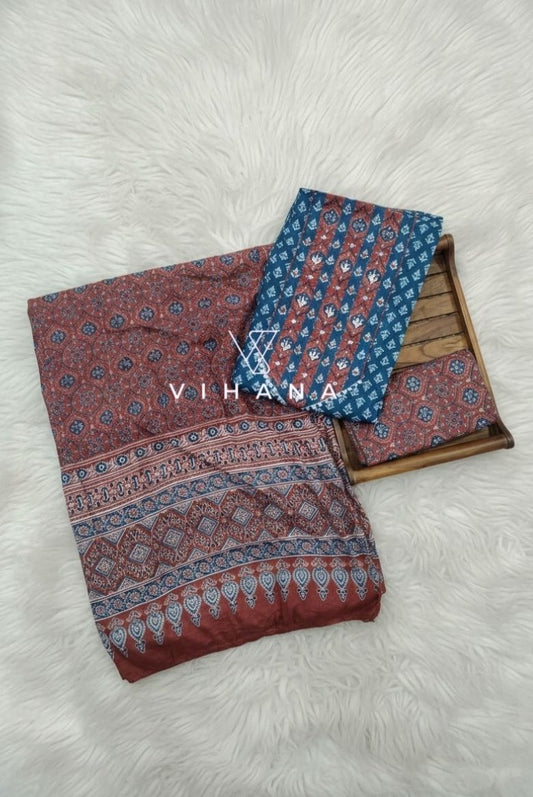 Electric Blue Screen Print Cotton Suit Material